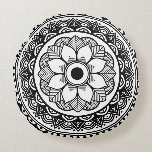 Almofada Redonda Travesseiro decorativo Medalhão Redondo Negro e Br (Frente)