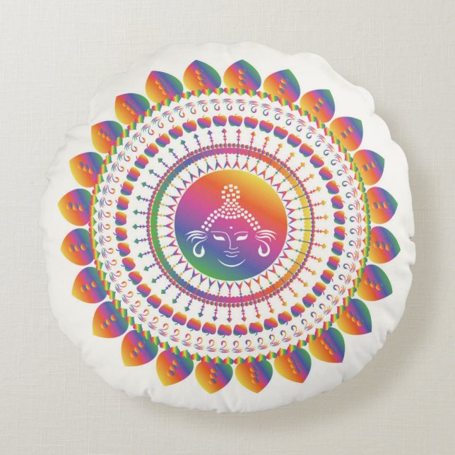 Almofada Redonda Travesseiro decorativo Rainbow Buddha Mandela (Frente)