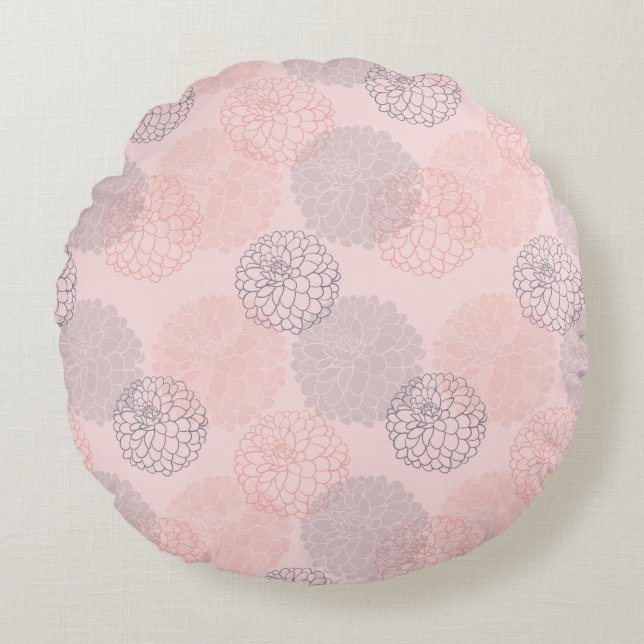 Almofada Redonda Travesseiro decorativo redondo Dahlias, rosa e azu (Frente)