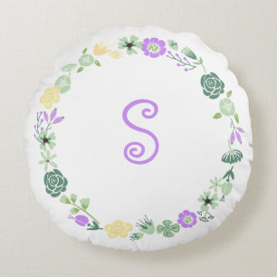 Almofada Redonda Travesseiro floral verde roxo amarelo do monograma