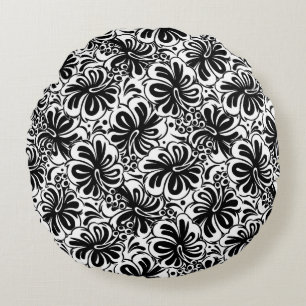 Almofada Redonda Travesseiro Preto e Branco Floral