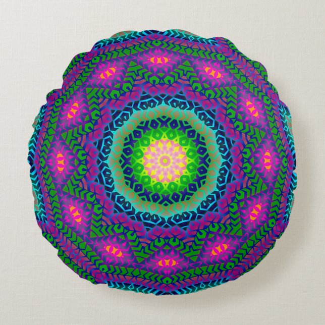Almofada Redonda Travesseiro Redondo Bohemiano Batik Azul Rosa (Frente)