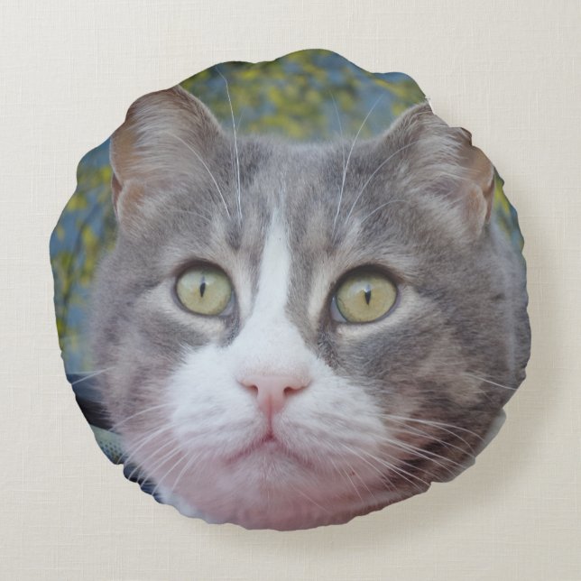 Almofada Redonda Travesseiro redondo de gato branco de cinza (Verso)