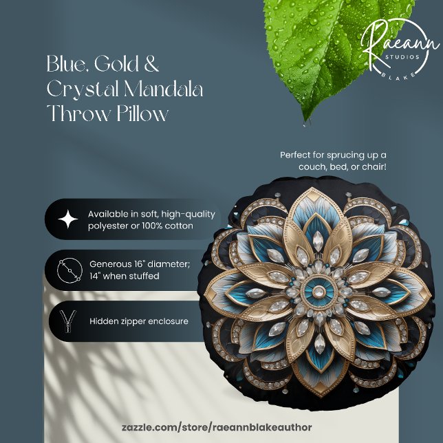 Almofada Redonda Travesseiro redondo de Mandala Azul, Dourado e Cri (Criador carregado)