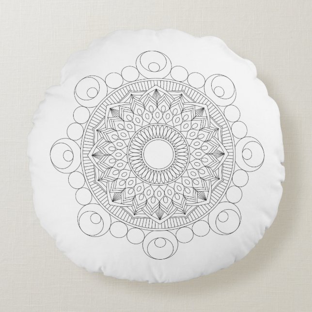 Almofada Redonda Travesseiro Redondo de Mandala Preto e Branco v2 (Frente)