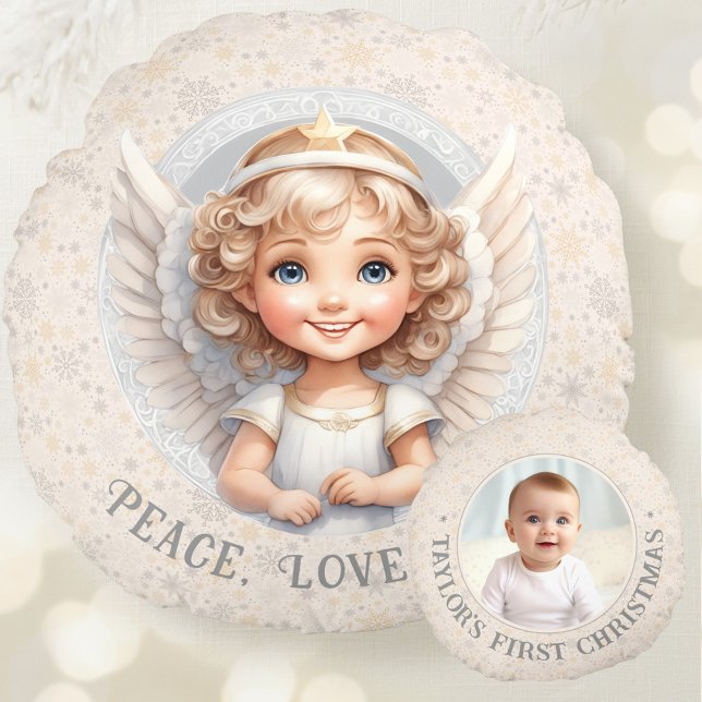 Almofada Redonda Travesseiro redondo de nome de foto de anjo de Nat (Cute Christmas Angel Template Photo Round Pillow)
