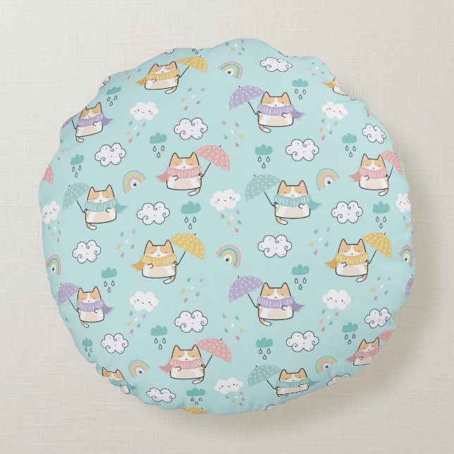 Almofada Redonda Travesseiro redondo de padrão de dia chuvoso e bon (Verso)