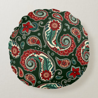 Almofada Redonda Travesseiro Redondo de Paisley Vermelho e Verde