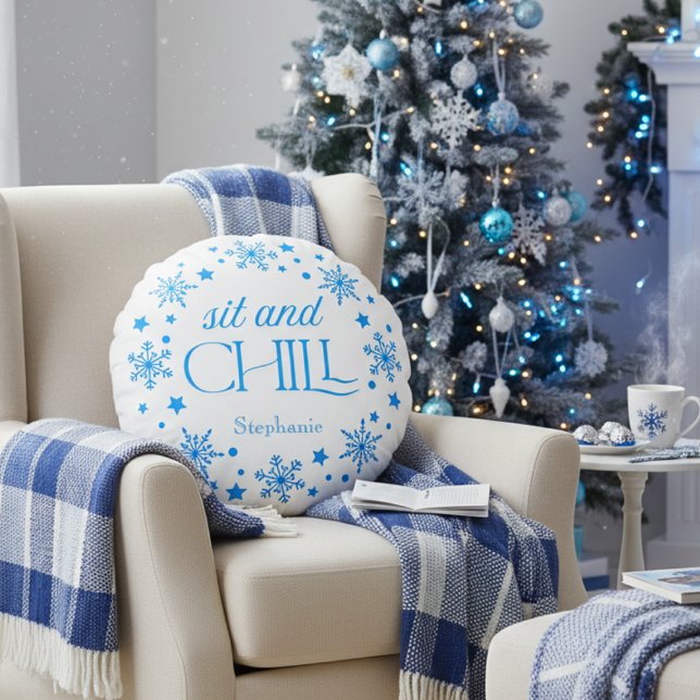 Almofada Redonda Travesseiro redondo Floco de neve Feriado (Blue Holiday Snowflake personalized pillow)