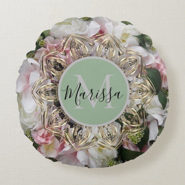 Almofada Redonda Travesseiro redondo Floral Dourado Hexagon Mandala (Frente)