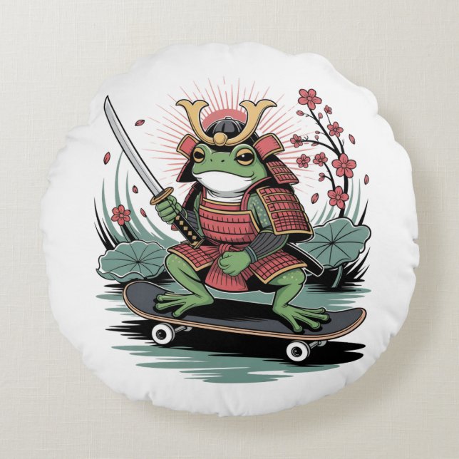 Almofada Redonda Travesseiro Redondo Guerreiro Sapo Samurai (Frente)