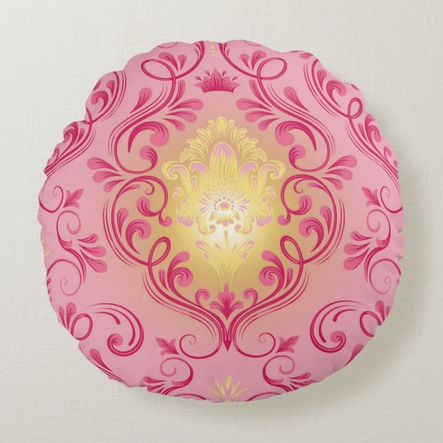 Almofada Redonda Travesseiro Redondo Rosa Damasco, Vermelho e Amare (Frente)