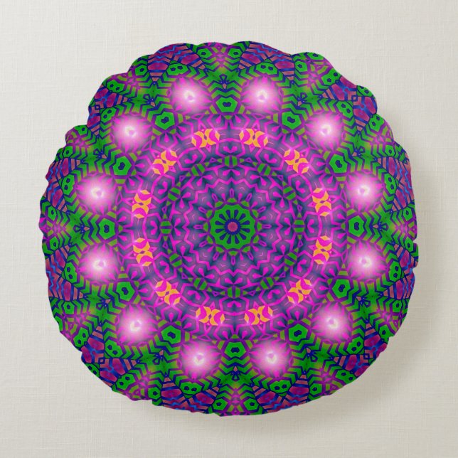 Almofada Redonda Travesseiro Redondo Verde Roxo Mandala Místico (Frente)