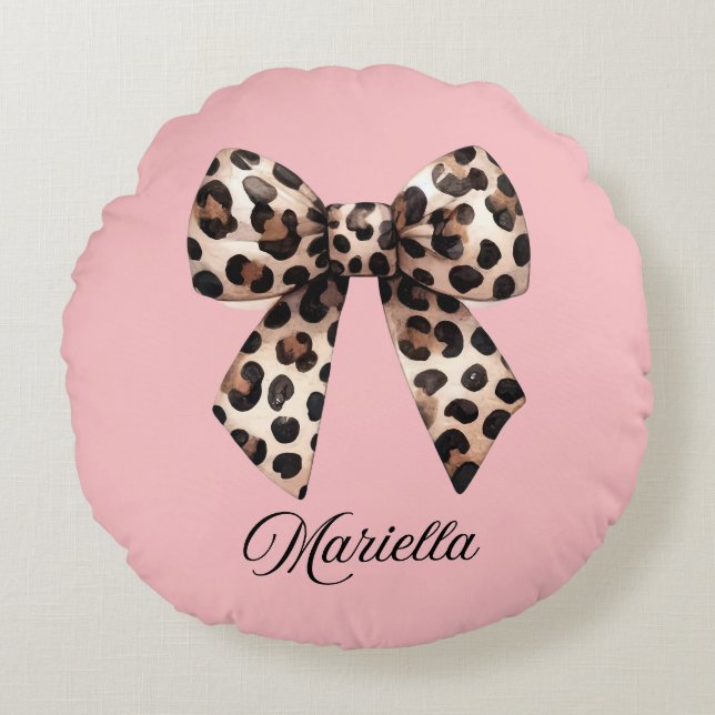 Almofada Redonda Travesseiro Rosa Personalizado com Laço de Leopard (Frente)