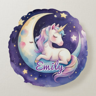 Almofada Redonda Travesseiro Round de Nome Editável Unicorn em Lua
