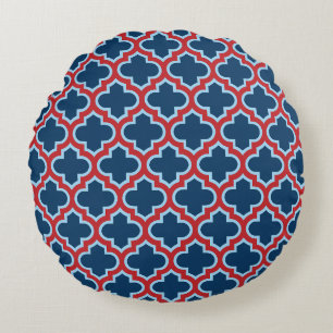Almofada Redonda Trellis, Latice, Quatrefoil, azul e vermelho marro