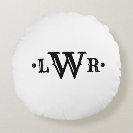 Almofada Redonda Três letras monograma, preto e branco elegante
