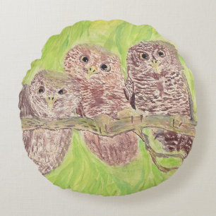 Almofada Redonda Três Pequenas Corujas De Vassoura - pintura acrí