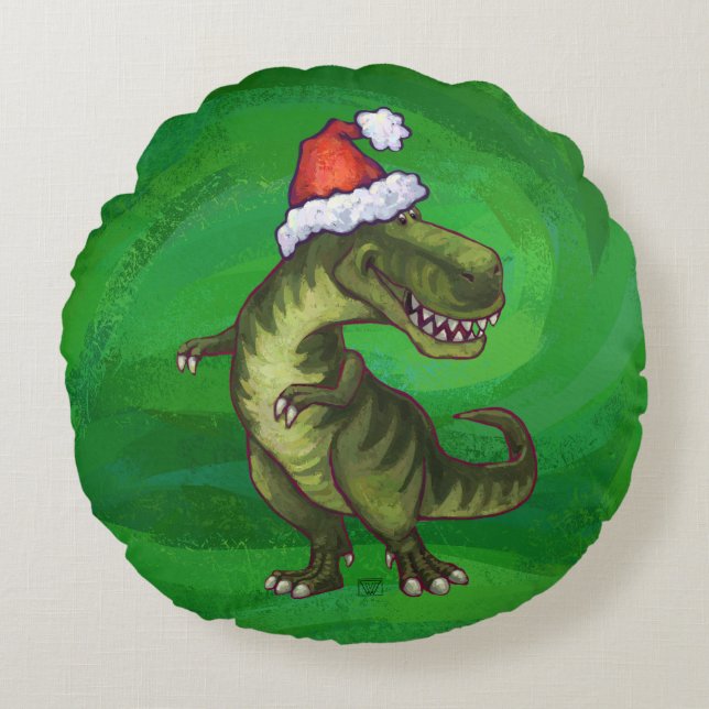 Almofada Redonda TRex em Santa Hat em Verde (Frente)