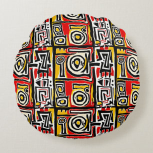 Almofada Redonda Tribal Abstrato Afro-Amarelo Vermelho