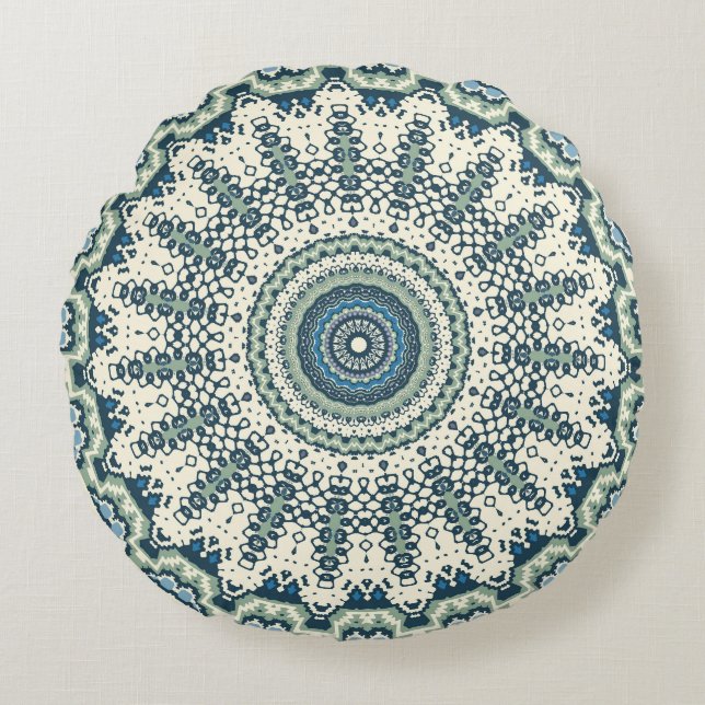 Almofada Redonda Tribal Blue Mandala (Frente)