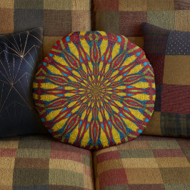 Almofada Redonda Tribal Floral Amarelo e Vermelho abstrato