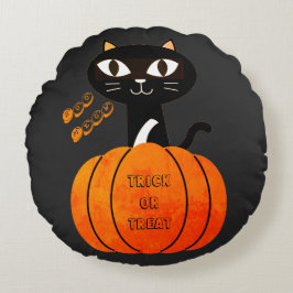 Almofada Redonda Trick ou Tratar Black Laranja Cat Spookie Hallowee