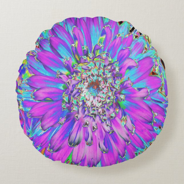 Almofada Redonda Trippy Abstrato Aqua, Verde limão e Dahlia Roxo (Frente)