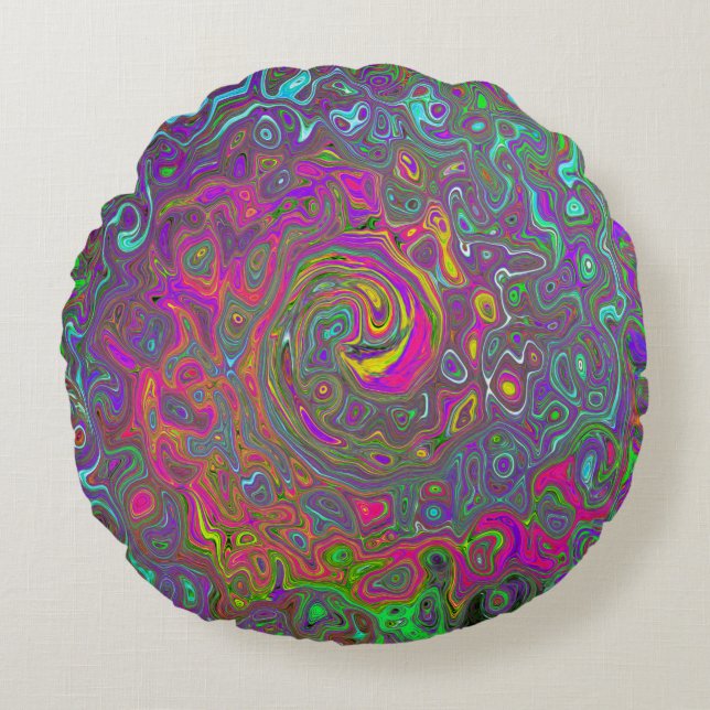 Almofada Redonda Trippy Hot Pink Abstrato Retro Liquid Swirl (Frente)