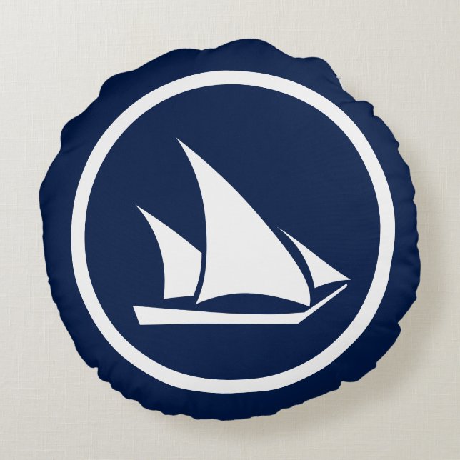 Almofada Redonda Tripulante azul quase Marinho, cavaleiro, náutico (Verso)