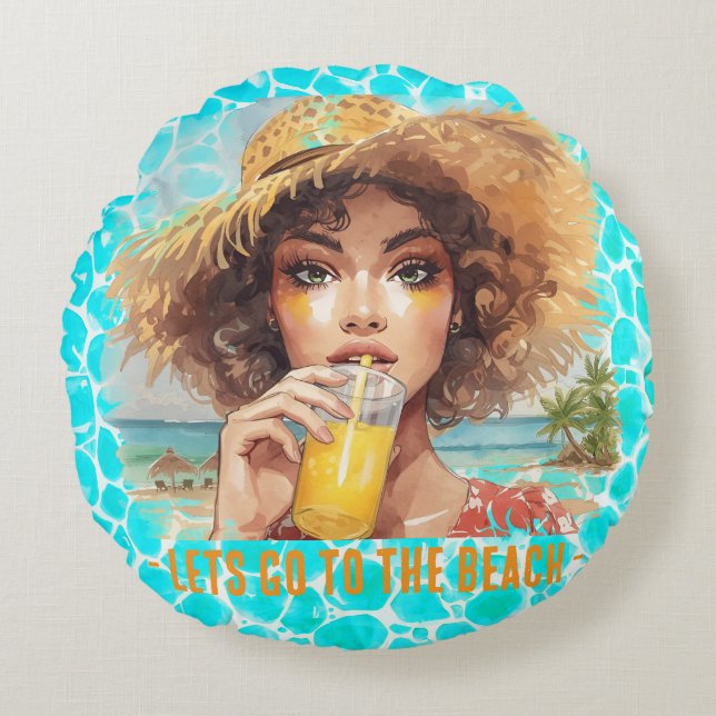 Almofada Redonda Tropical Beach, Lets Go to The Beach (Frente)
