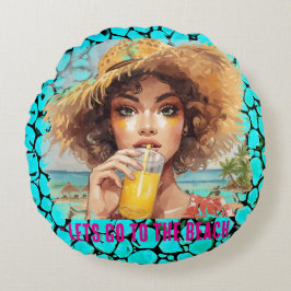 Almofada Redonda Tropical Beach, Lets Go to The Beach, Black Turquo