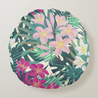 Almofada Redonda Tropical de Frangipani: Vintage branco-rosa.