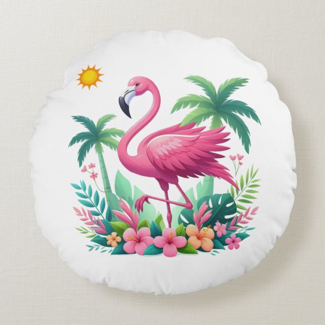 Almofada Redonda Tropical/Flórida rosa flamingo (Frente)