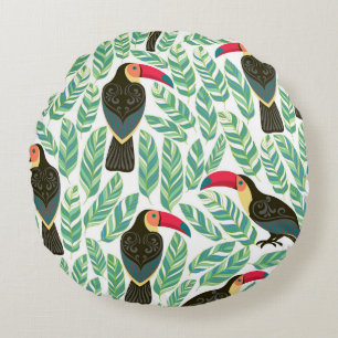 Almofada Redonda Tucanos, folhas tropicais, padrão decorativo.