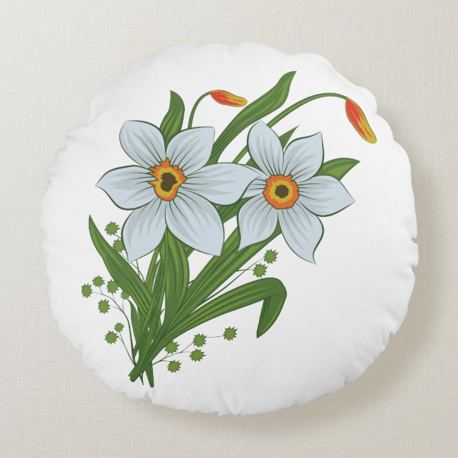 Almofada Redonda Tulipas e Flores de Daffodils (Frente)