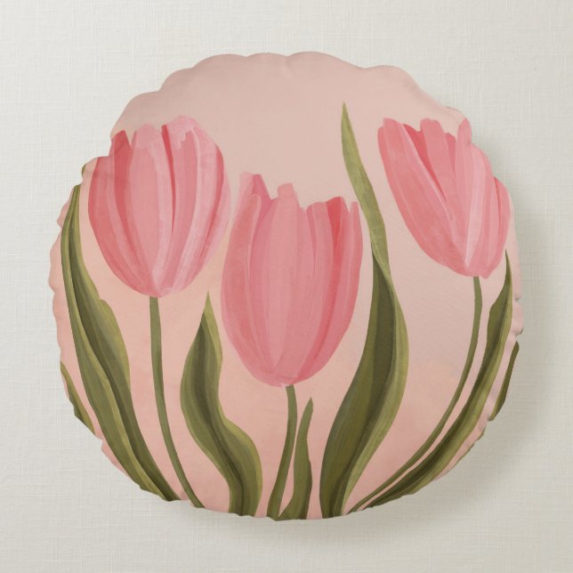 Almofada Redonda Tulipas Rosa Bonito Painteramente (Frente)