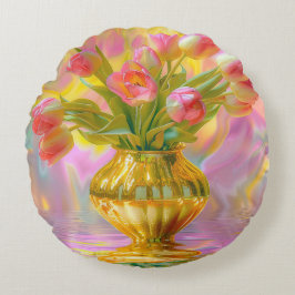 Almofada Redonda Tulipas Rosa Vibrantes em Vase Ouro