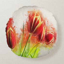 Almofada Redonda Tulipas Vermelhas Amarelas Florais de Aguarela 