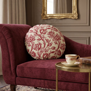 Almofada Redonda Tulipas Vermelhas e Creme Toile - Decor Nacional F