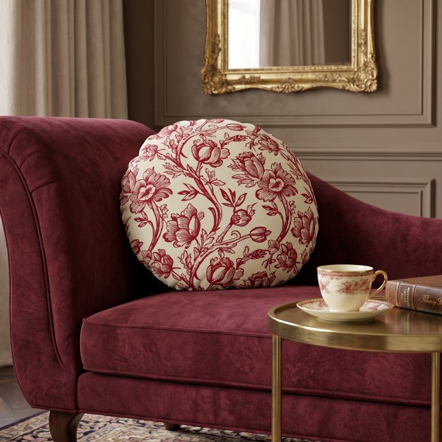 Almofada Redonda Tulipas Vermelhas e Creme Toile - Decoração Rústic (Criador carregado)