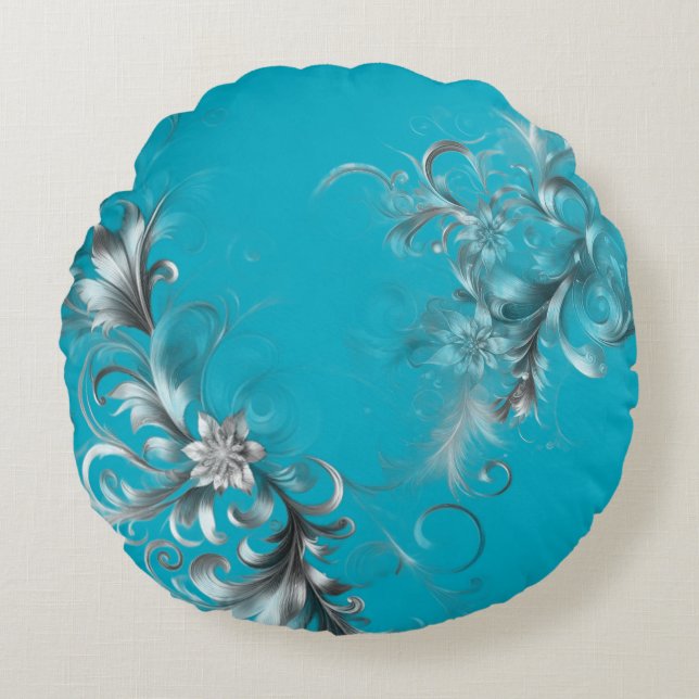 Almofada Redonda Turquesa Azul Moderna com Prata Ornamentada (Frente)
