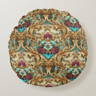 Almofada Redonda Turquesa e Ouro Damask Ornamentado