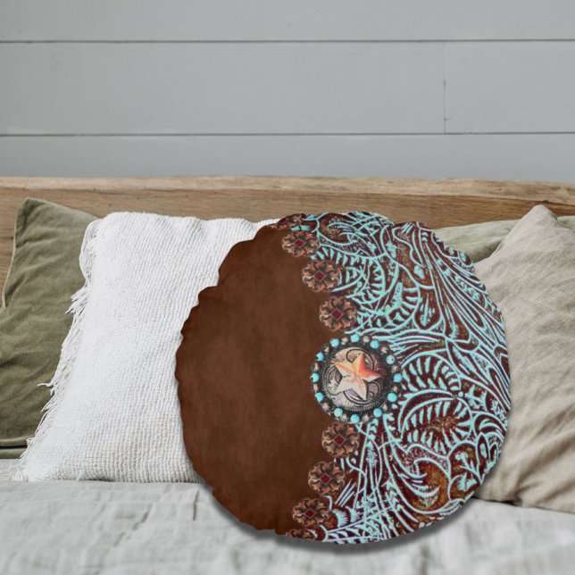 Almofada Redonda Turquesa russa marrom padrão do país ocidental (Rustic brown turquoise western country pattern round pillow)