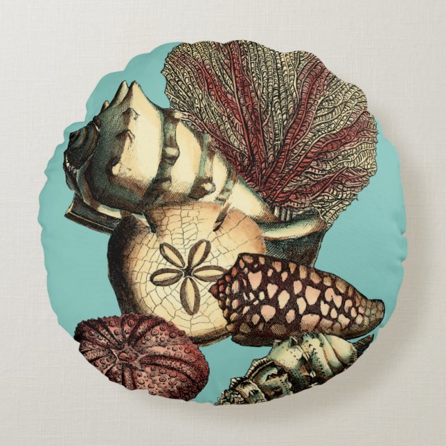 Almofada Redonda Turquesa Shell e Red Coral Collection (Frente)