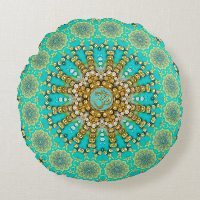 Almofada Redonda Turquoise Aqua Dourada Bohemian Mandala OM Yoga (Frente)