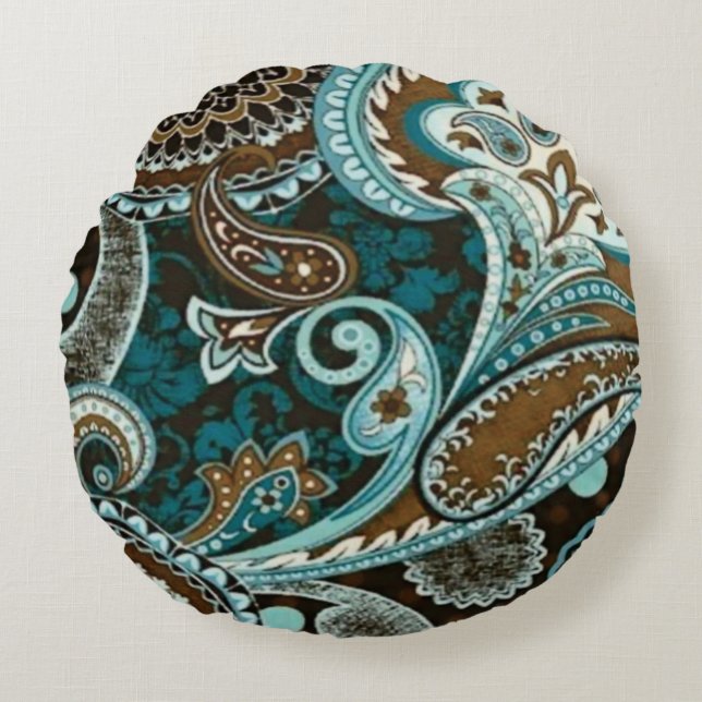 Almofada Redonda Turquoise Brown Vintage Paisley (Frente)