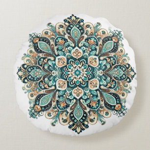Almofada Redonda Turquoise Paisley Mandala com Destaques Dourados 1