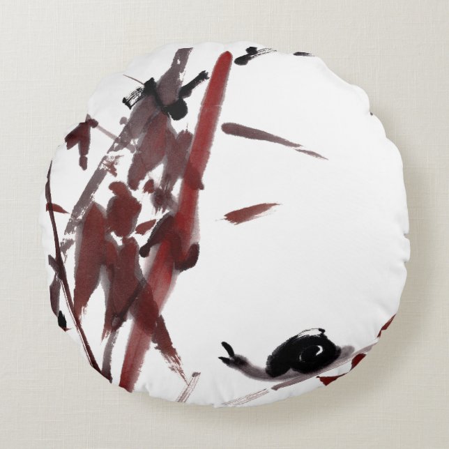 Almofada Redonda Tuschekunst mit Schnecke und Rotem Bambus (Frente)