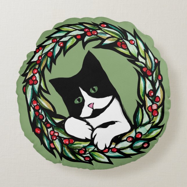 Almofada Redonda Tuxedo Cat Christmas Yule Holiday Cats Catmas Art  (Frente)